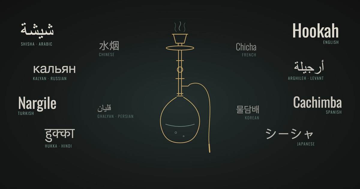 The word shisha in different languages around a line drawing of a shisha