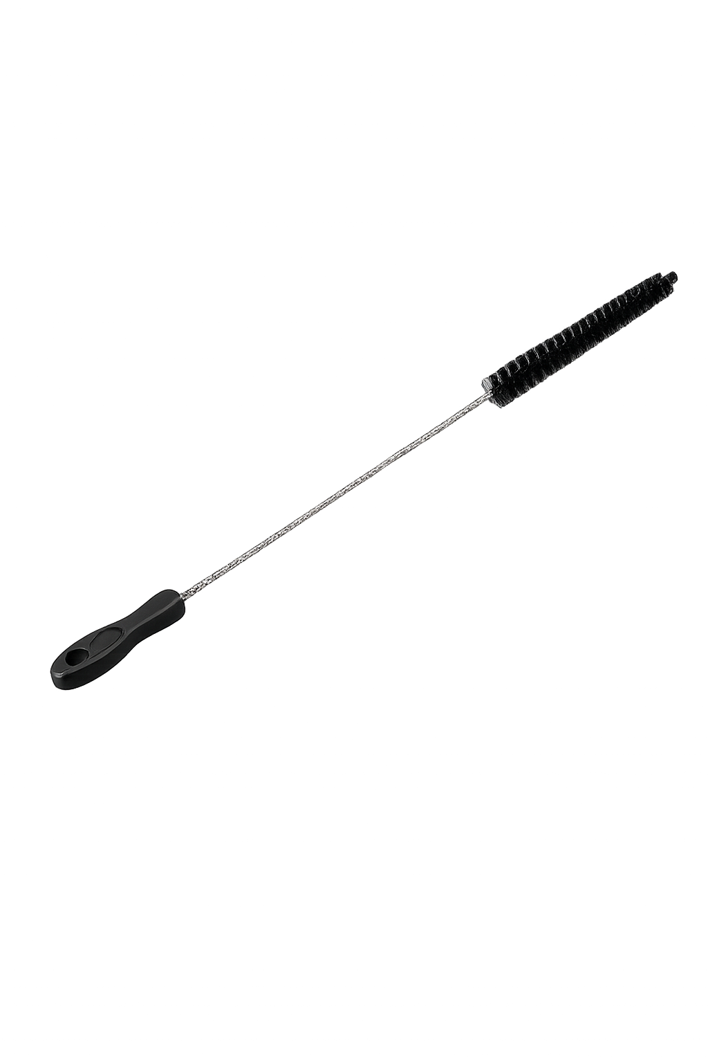 Long-handled brush with black handle and bristle head on a white background